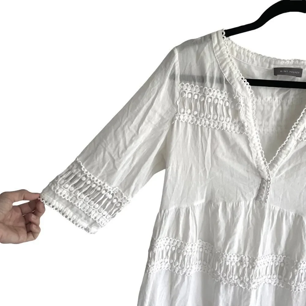 MINT VELVET White Cotton Short Sleeve Embroidered Tunic Mini Dress Coverup L